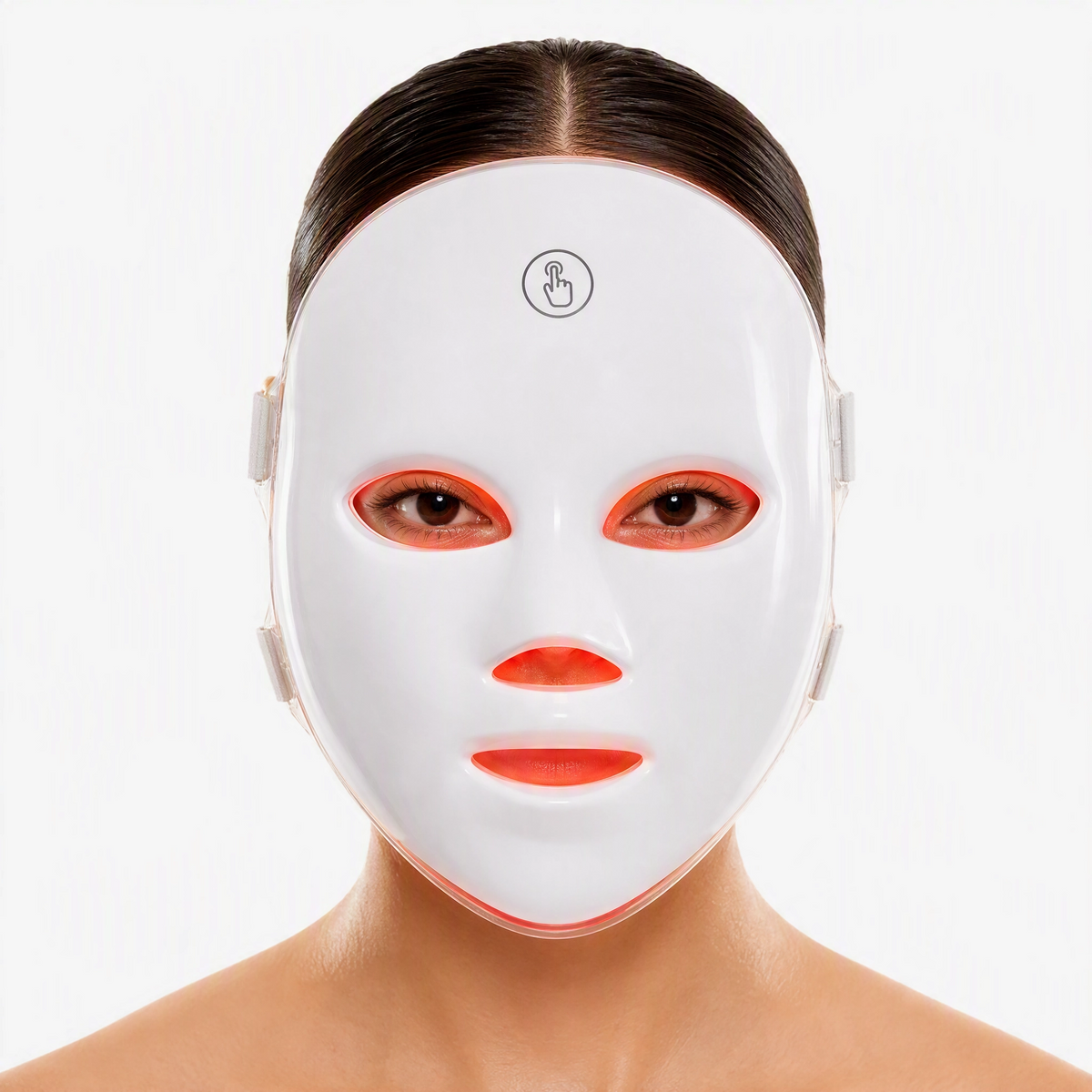A white LED facial therapy mask worn by a model, shown from the chest up against a clean white background.